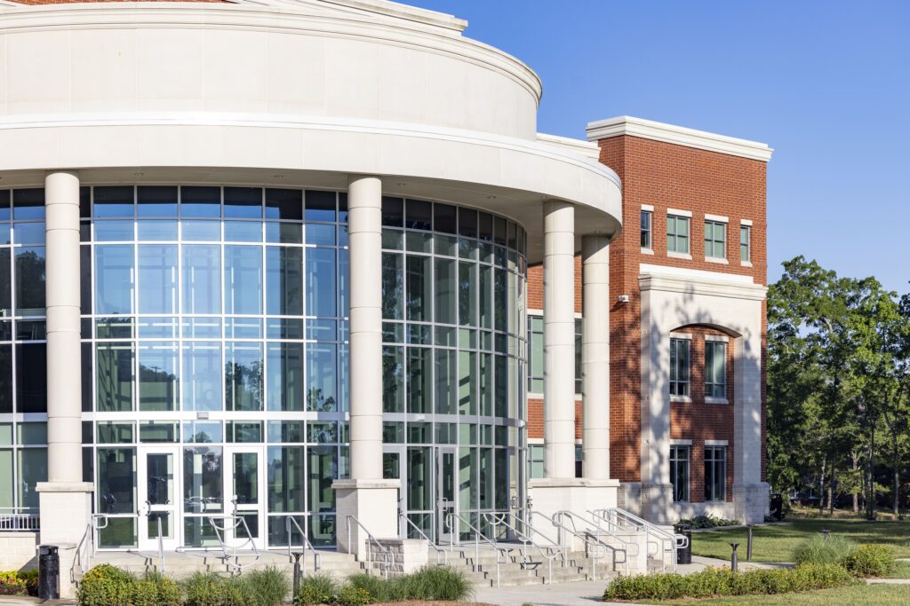 Frontal shot of the Main Building on South Piedmont's OCH campus, taken from the left side.